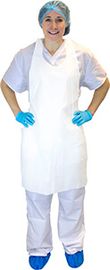 Woman wearing white heavy-weight, polyethylene apron.