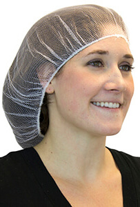 Woman wearing white nylon hairnet.